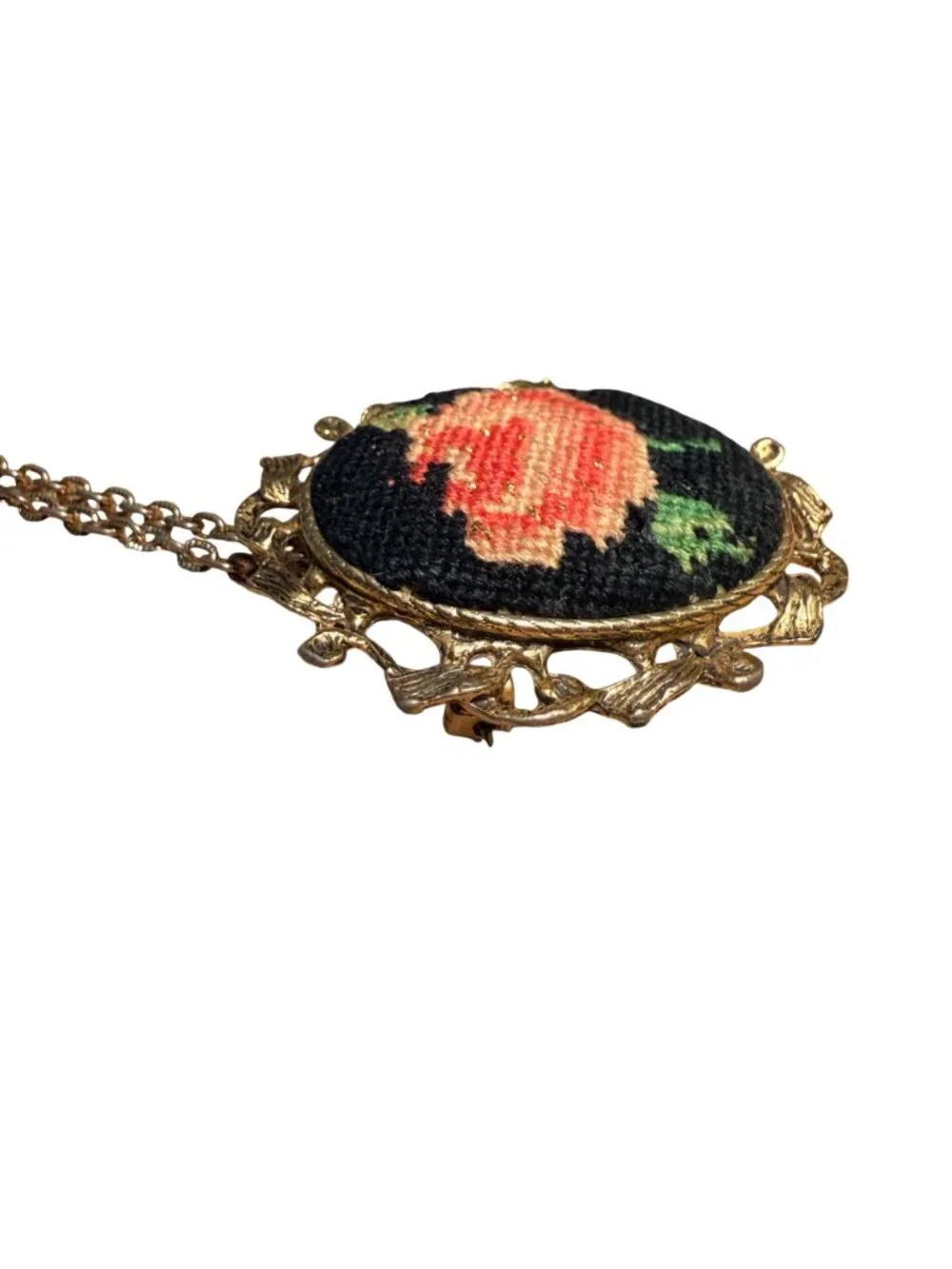 Vintage Needlepoint Rose Necklace Brooch Gold Tone Floral Convertible Pendant